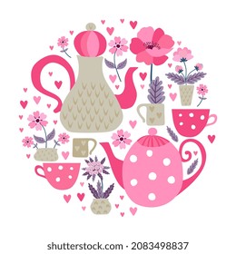 A fun print for a potholder, kitchen board or hot stand. Round composition of teapots, cups, mugs, hearts, flower pots with indoor flowers in pink, olive and lilac colors on a white background.