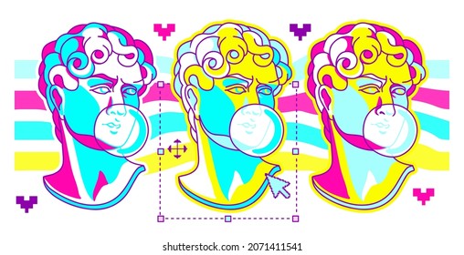 Fun Print For Tee, T Shirt With Ancient Statue With  Bubblegum In 90s' Style. Psychedelic Collage For Poster With Rainbow, User Interface Element- Pixel Cursor And Heart . Glowing Retro Doodle