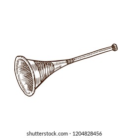 Fun props for party. Festive pipe, a musical instrument for fun, entertainment, festivals, masquerades, carnival. Vector illustration isolated on white background, in style of engraving.