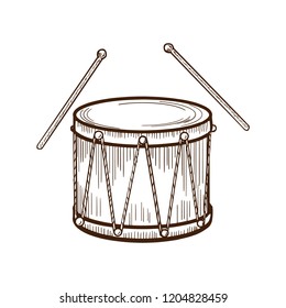 Fun props for party. Traditional musical, carnival instrument drum with chopsticks. Entertainment, music, festive event, carnival. Vector illustration isolated, in style of engraving.