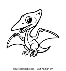 fun pterodactyl dinosaur cartoon character isolated drawing line art style sketch classic vintage design illustration