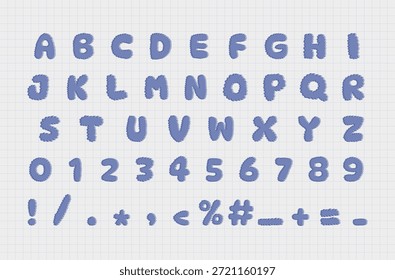 Divertida fuente hinchada con letras mayúsculas, números y símbolos en azul, que se muestra en un fondo de papel de gráfico