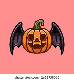fun pumpkin with bat wings colorful logo mascot isolated drawing line style sketch classic vintage design illustration