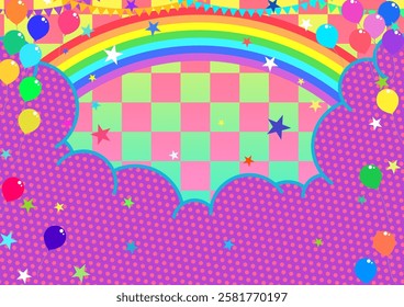 Fun purple colorful background image with rainbow coming out and balloons flying