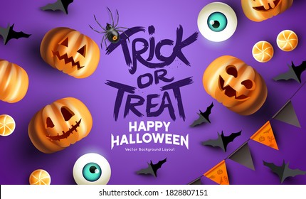 Fun Purple happy halloween event mockup design background. including bats, party bunting, and grinning jack o lantern pumpkins. Vector illustration.