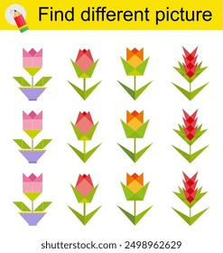 Fun puzzle game for children. Find the odd one in the group. Vector illustration of cartoon flowers.