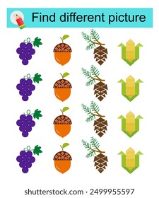 Fun puzzle game for children. Find the odd one in the group. Vector illustration of cartoon pine cones, acorn, grapes, corn. 