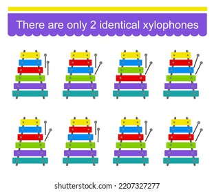 Fun puzzle game for children. Need to find two identical xylophones. Task for development of attention and logic. Vector illustration.