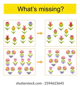 Fun puzzle game for kids. Attention task. Find the missing object. 