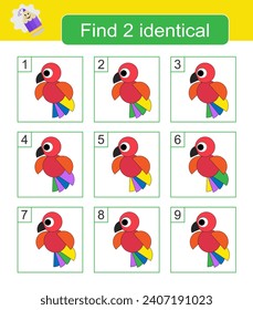 Un juego de rompecabezas divertido para los niños. Encuentra dos loros idénticos. Tarea para el desarrollo de la atención y la lógica. Ilustración vectorial.