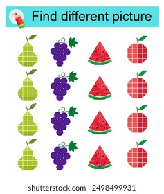 Fun puzzle game for kids. Find the odd one in the group. Vector illustration of cartoon pear, grapes, watermelon, apple.