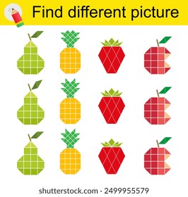 Fun puzzle game for kids. Find the odd one in the group. Vector illustration of cartoon pear, pineapple, strawberry, apple.