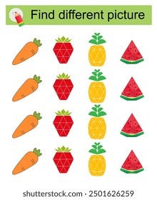 Fun puzzle game for kids. Find the odd one in the group. Vector illustration of cartoon watermelon, pineapple, strawberry, carrot.