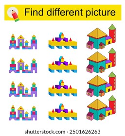 Fun puzzle game for kids. Find the odd one in the group. Vector illustration of cartoon palace, pyramid.