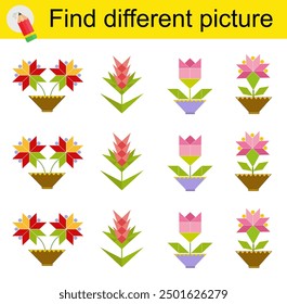 Fun puzzle game for kids. Find the odd one in the group. Vector illustration of cartoon flowers.