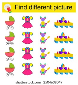 Fun puzzle game for kids. Find the odd one in the group. Vector illustration of cartoon baby carriage, dress, animal, pyramid.