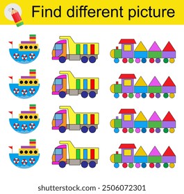 Fun puzzle game for kids. Find the odd one in the group. Vector illustration of cartoon ship, dump truck, train.