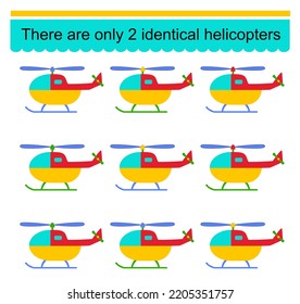 Fun puzzle game for kids. Need to find two identical helicopters. Task for development of attention and logic. Vector illustration.