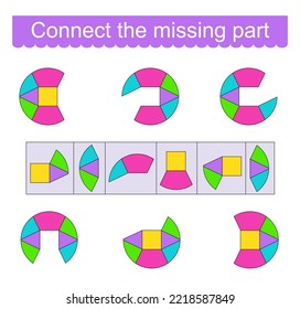 Fun puzzle game for kids. Need to connect the missing part.  Task for development of attention and logic. Vector illustration.