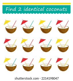 Fun puzzle game. Need to find 2 identical coconuts. Task for development of attention and logic. Vector illustration.