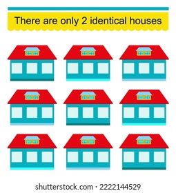 Fun puzzle game. Need to find two identical houses. Task for development of attention and logic. Vector illustration.