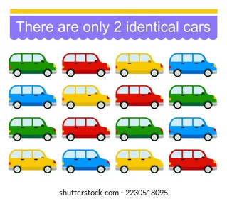 Fun puzzle game. Need to find two identical cars. Task for development of attention and logic. Vector illustration.