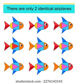 Fun puzzle game. Need to find two identical fishes. Task for development of attention and logic. Vector illustration.