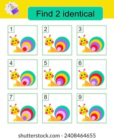 Fun puzzle game. Need to find two identical cartoon snails. Task for development of attention and logic. 