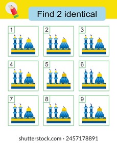Fun puzzle game. Need to find two identical mosques. Answer is 2,8. 