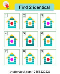Fun puzzle game. Need to find two identical colorful houses. Answer is 5,9.  Vector illustration.