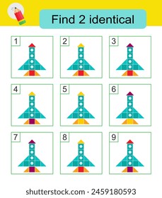 Fun puzzle game. Need to find two identical rockets. Answer is 2,8. Vector illustration.