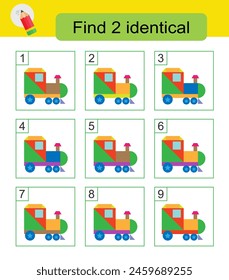 Divertido juego de puzzle. Necesito encontrar dos trenes idénticos. Respuesta 6,8. Ilustración vectorial.