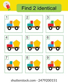 Fun puzzle game. Need to find two identical cars. Answer is 5,8. Vector illustration.