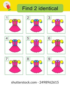 Fun puzzle game. Need to find two identical dresses. Answer is 2,8. 