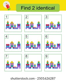 Fun puzzle game. Need to find two identical castles. Answer is 8,9. 