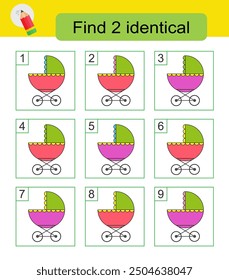 Fun puzzle game. Need to find two identical baby carriages. Answer is 6,8. 