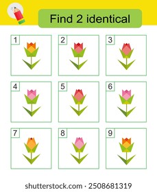 Fun puzzle game. Need to find two identical flowers. Answer is 3,5. Vector illustration.