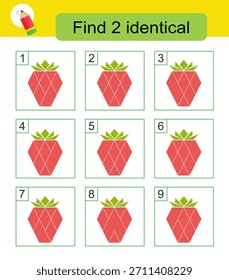 Divertido juego de puzzle. Necesidad de encontrar dos respuestas idénticas es 5,9. Ilustración vectorial. Frambuesa rosa de dibujos animados