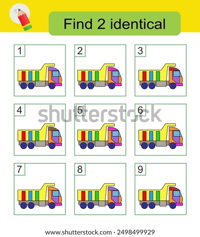 Fun puzzle game. Need to find two identical dump trucks. Answer is 2,5.