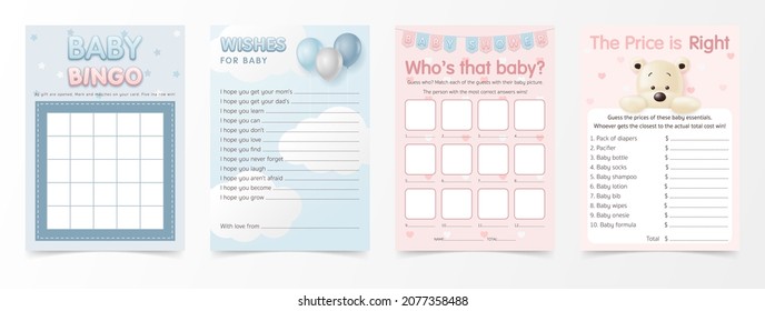 Fun and quick baby shower game template. Bingo, Wishes for baby, Who’s that baby? and The price is right. Printable template cards, hand lettering. Collection of baby birthday party.