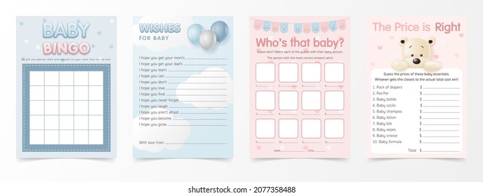 Fun And Quick Baby Shower Games. Bingo, Wishes For Baby, Who’s That Baby? And The Price Is Right. Printable Template Cards, Hand Lettering. Collection Of Baby Vector Elements.