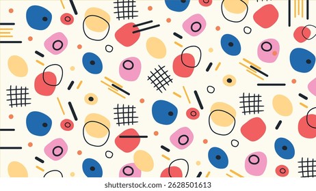 Fun and quirky abstract illustration featuring colorful geometric doodles like stars and arrows on a soft cream background. Great for kids, textile, and creative design projects.