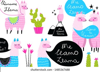Fun Quirky Background LLamas and Cactus design for cute prints. My name is Llama says Lama. Silly animals hand drawn doodle simple vector design.