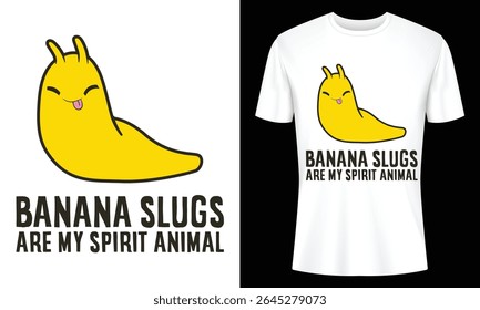 Fun and quirky banana slug design ideal for t-shirts, mugs, and other merchandise. Features a playful yellow slug with the text "Banana Slugs are my spirit animal".