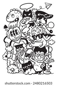 Fun and quirky black and white doodle characters, perfect for creative projects, posters, and children's coloring pages.
