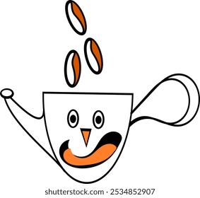 Un divertido y peculiar diseño de logotipo de personaje de taza de café perfecto para una cafetería de la generación Z. El diseño presenta una taza de café sonriente con granos volando, creando una Imagen dinámica y llamativa.