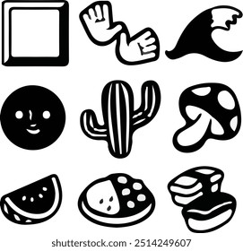 Una divertida y peculiar colección de 9 emojis en blanco y negro, incluyendo comida, naturaleza y símbolos expresivos. Ideal para proyectos creativos, App o pegatinas.