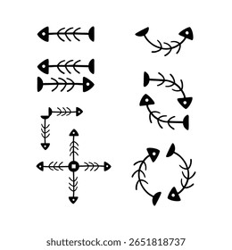 A fun and quirky collection of hand drawn arrow icons creatively designed as fish skeletons.