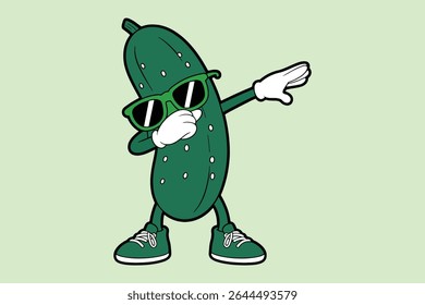 A fun and quirky illustration of a cool cucumber performing the dab dance.  Wearing sunglasses and sneakers, this cartoon cucumber is perfect for summer themes, healthy eating campaigns, or fun social