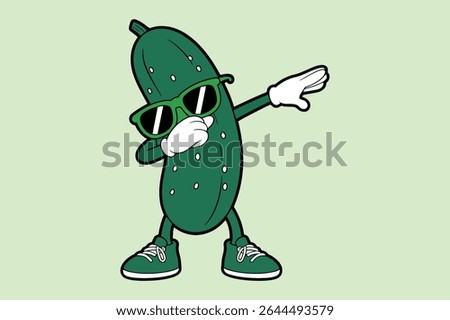 A fun and quirky illustration of a cool cucumber performing the dab dance.  Wearing sunglasses and sneakers, this cartoon cucumber is perfect for summer themes, healthy eating campaigns, or fun social